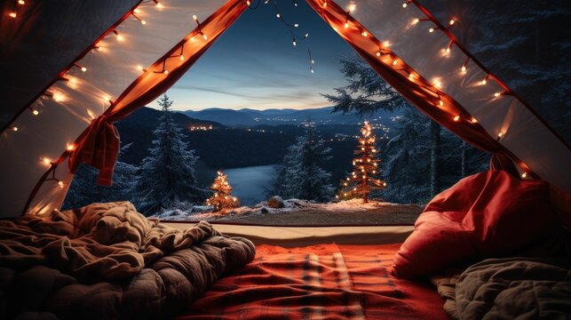 an image of christmas tree outside a tent with lights around