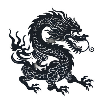 Black silhouette of a chinese dragon on white background.