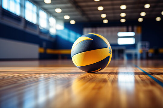 yellow and blue volleyball ball on the hardwood floor