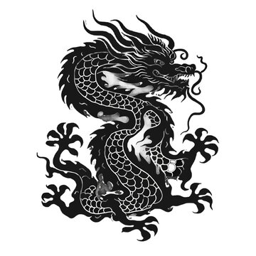 Black silhouette of a chinese dragon on white background.
