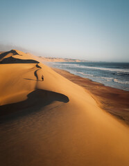 The curvy dunes of the Namib Desert descent into the cold Atlantic Ocean at Sandwich Harbor,...