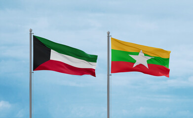 Myanmar and Kuwait flags, country relationship concept