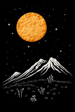 Naklejki Moon cracker shine as moon at night stars landscape. Creative crisp crackers cookie advertising concept. Engraving style