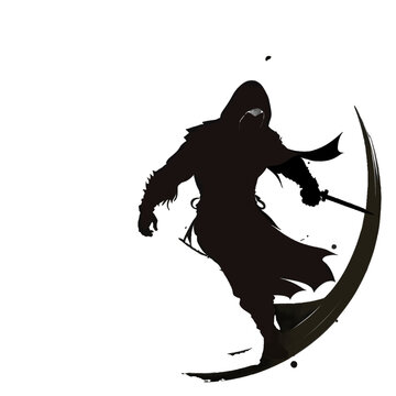 Black silhouette of samurai in a circle on white background.