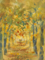 The linden tree alley in autumn watercolor background