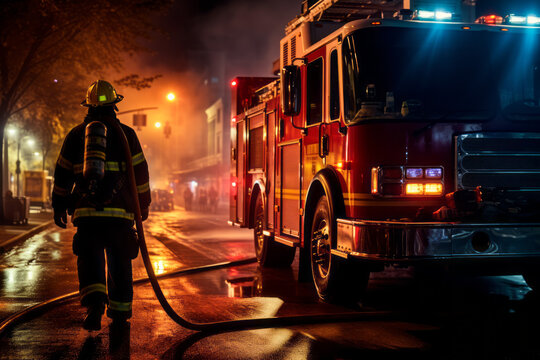 Fire truck, firefighter, ambulance responding to incident at night