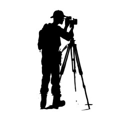 Black silhouette of a photographer and mountains on white background.