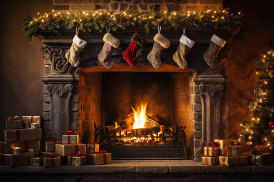 Christmas and New Year holidays concept. Decorated fireplace with Christmas socks.