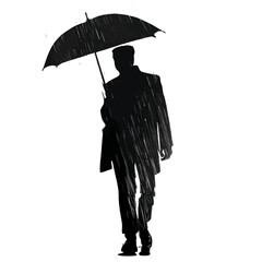 Black silhouette of a man with an umbrella in the rain on white background.