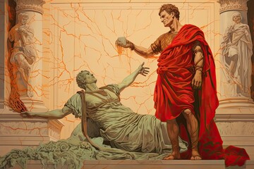 Death of Julius Caesar, stabbed by Brutus. He holding in his hand a piece of the emperor.