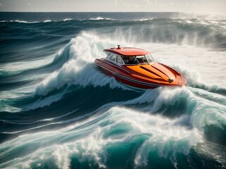 A fast motorboat riding a wave in the sea