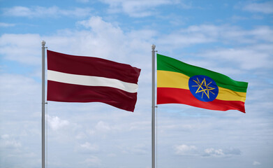 Ethiopia and Latvia flags, country relationship concept