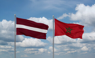 Morocco and Latvia flags, country relationship concept