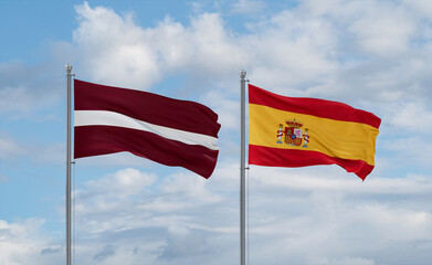 Spain and Latvia flags, country relationship concept