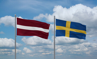 Sweden and Latvia flags, country relationship concept
