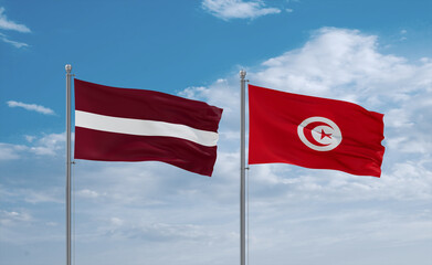 Tunisia and Latvia flags, country relationship concept