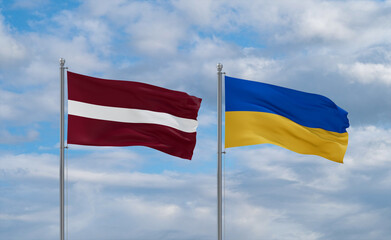 Ukraine and Latvia flags, country relationship concept