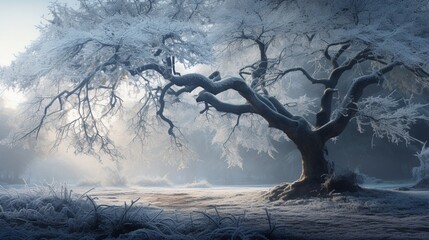 A winter morning captured by the glistening frost on the branches of a mighty oak tree.