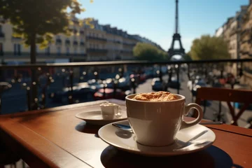 Afwasbaar fotobehang A Cup of coffee on the table of a coffee shop with Eiffel Tower view. © visoot