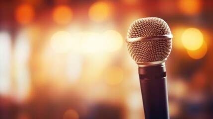 Close up microphone on stage on a blurred bokeh lights background