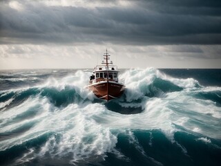 A boat is exposed to a strong wave in the sea