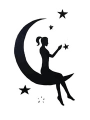 Black silhouette of woman, moon and stars on grey background.