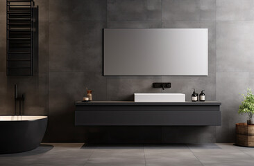 bathroom concept with light colored walls and black bathroom sink