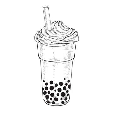 Bubble Milk Tea. Vector illustration of drink with boba pearls. Hand drawn clipart on isolated background. Linear drawing of tapioca cocktail. Outline sketch of asian cold beverage. Black line art