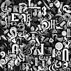 A lot of letters and figures in different fonts and sizes that create a chaotic pattern. Encrypted message in black and white. Geometric illustration of data and information