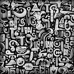 Chaotic jumble of shapes and squiggles that form a secret message. Black and white illustration of many elements and shapes that create a chaotic pattern