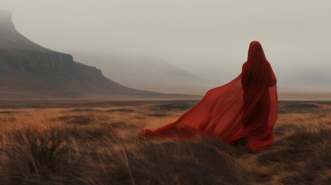 a woman is wearing a red cape on an empty desert plain