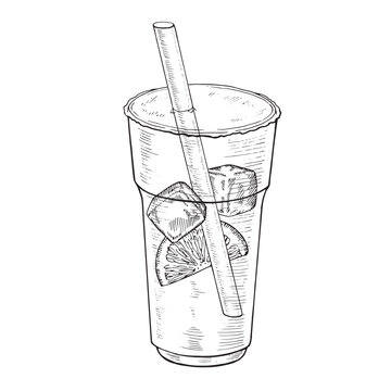 Lemonade Vector illustration. Hand drawn graphic clipart on white isolated background. Linear drawing of cold soda drink. Outline sketch of lemon water. Black line art of iced tea