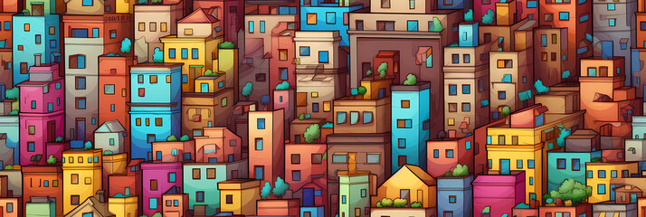 Aerial view of a city with brown and blue houses in summer. Seamless tile illustration colorful and dense cartoon cityscape from above