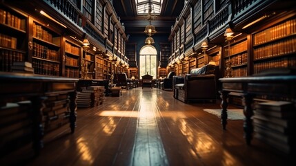 A quiet dimly lit library surrounded by shelves of sealed books. - obrazy, fototapety, plakaty