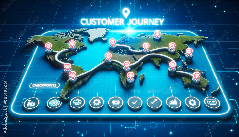 Poster 3d illustration of a digital dashboard displaying a map with checkpoints. each checkpoint is labeled
