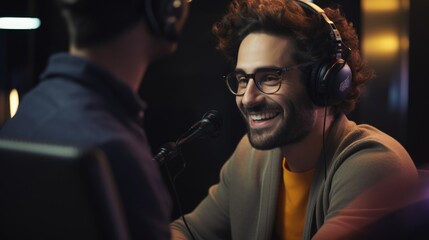 Radio DJ in headset and eyeglasses speaking on microphone in a recording studio and interviewing studio guest