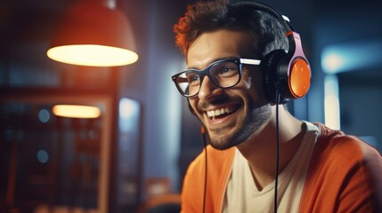 Radio DJ in headset and eyeglasses speaking on microphone in a recording studio