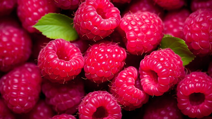 Ripe natural red raspberries with green leaves, raspberry background