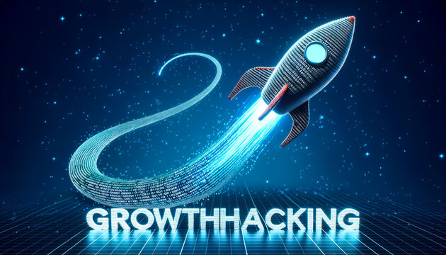 3D illustration of a rocket ship made entirely of binary code launching upwards. The trail it leaves behind spells out Growth Hacking, emphasizing the acceleration and momentum in the digital realm.