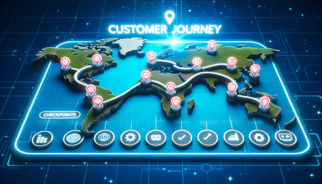 3D Illustration Of A Digital Dashboard Displaying A Map With Checkpoints. Each Checkpoint Is Labeled With Stages Of The Customer Experience, And The Term Customer Journey Prominently Shines Above.