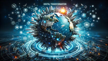 Globe Surrounded by Digital Nodes: Global Digital Transformation