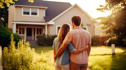 Fototapeta na wymiar Happy couple stand outdoors hug and look at their new house. AI Generated