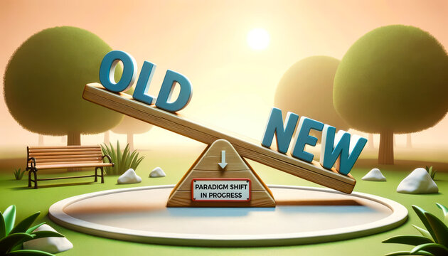 Seesaw in a park setting, with the word Old on one end and New on the other. The seesaw is tipping towards New, representing the concept of Paradigm Shift. signboard reads Paradigm Shift in Progress.