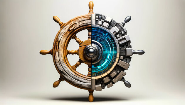 Ship wheel where half is made of old wood and the other half of polished metal and digital displays. The merging wheel symbolizes the Paradigm Shift from traditional navigation to modern methods.