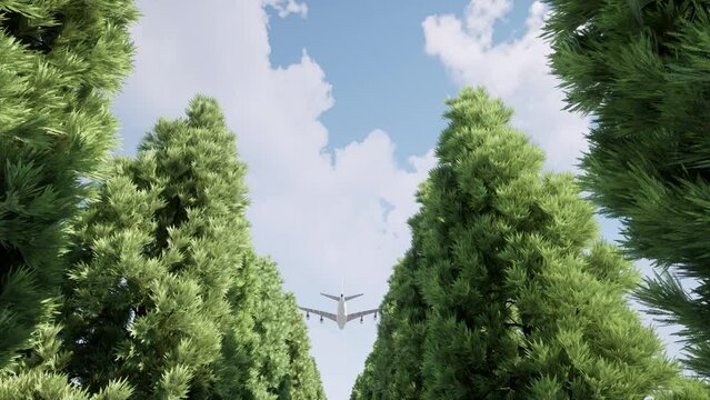 Plane flies over tree cloudy sky resort rest big trees 4k