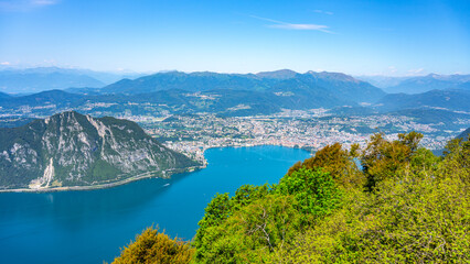 Lugano Lake, Italian: Lago di Lugano, and Lugano city. Lookout from Balcony of Italy on Mount...