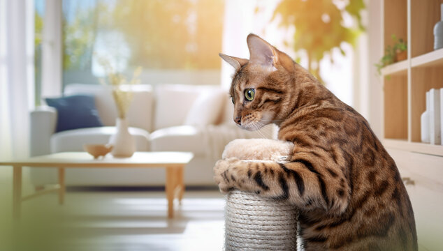 Bengal cat plays with a scratching post in the living room.