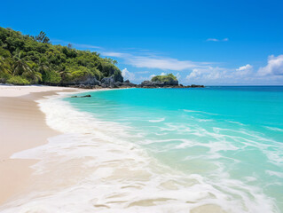 A picture-perfect beach with glistening turquoise water, inviting turquoise waves, and pure white sand.
