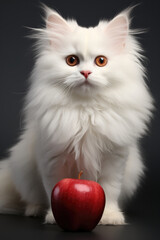 White cat and apple on black background, Minimalist style.