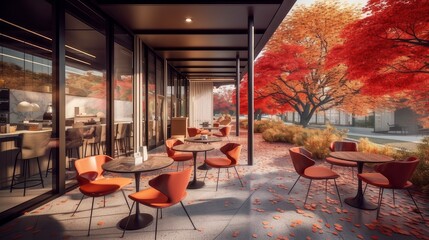 Modern coffee shop with outdoor seating surrounded. AI generated